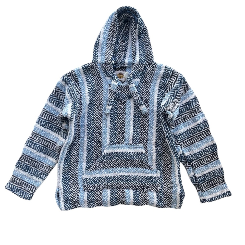 Earth Ragz Womenās S Light Blue White Stripe Mexican Blanket Woven Hoodie Jacket